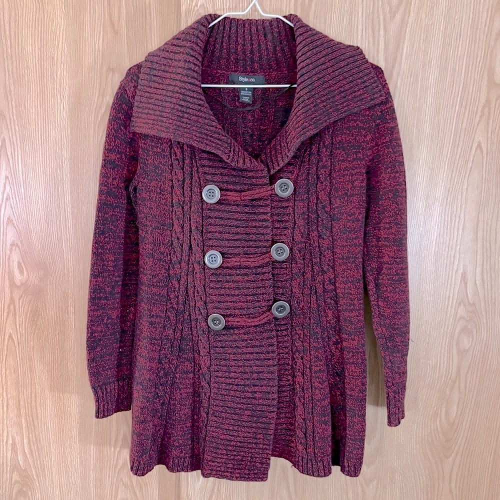 Style & Co. Cardigan Red/ Black Large Button Down Knit Extra Long